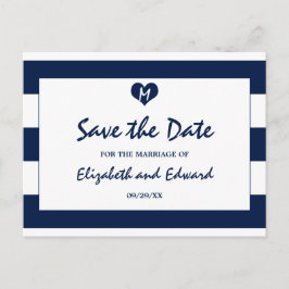 Moderne schicke Marine und weiße Hochzeit retten d Ankündigungspostkarte