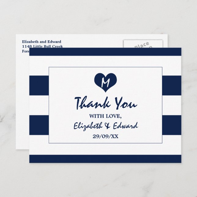 Moderne schicke Navy Blue und White Wedding Vielen Postkarte (Vorne/Hinten)
