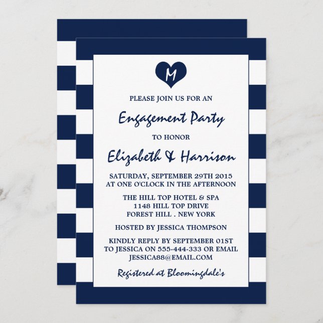 Moderne schicke Navy Blue & White Engagement Party Einladung (Vorne/Hinten)