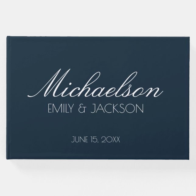 Moderne schicke Navy Blue White Script Hochzeit Gästebuch (Vorderseite)