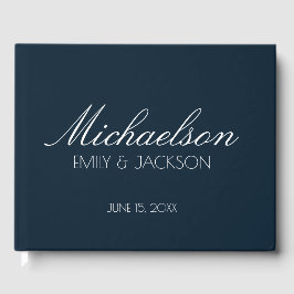 Moderne schicke Navy Blue White Script Hochzeit Gästebuch
