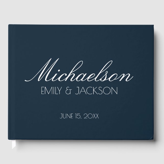 Moderne schicke Navy Blue White Script Hochzeit Gästebuch (Vorderseite)