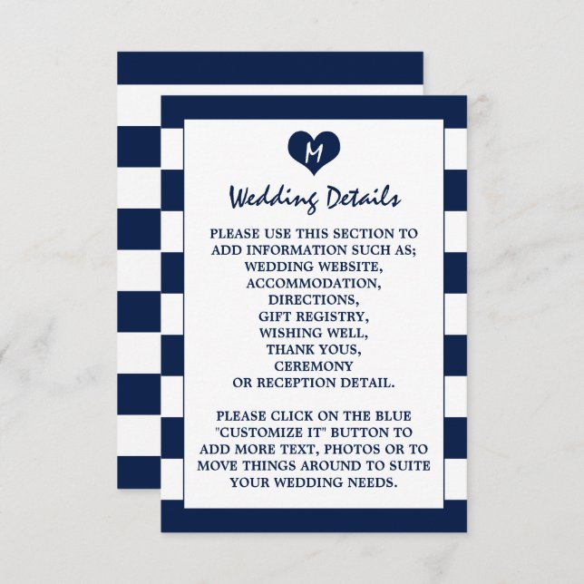 Moderne schicke Navy Blue & White Wedding Details Begleitkarte (Vorne/Hinten)