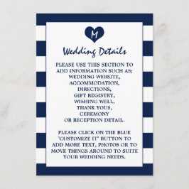 Moderne schicke Navy Blue & White Wedding Details Begleitkarte