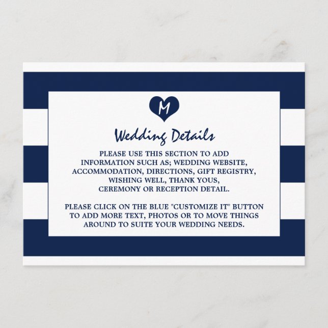 Moderne schicke Navy Blue & White Wedding Details Begleitkarte (Vorderseite)