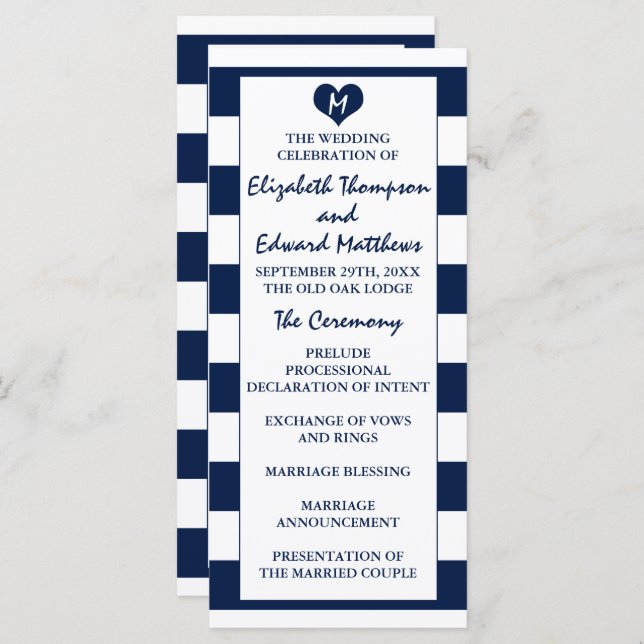 Moderne schicke Navy Blue & White Wedding Programm (Vorne/Hinten)