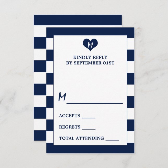 Moderne schicke Navy Blue & White Wedding RSVP Karte (Vorne/Hinten)