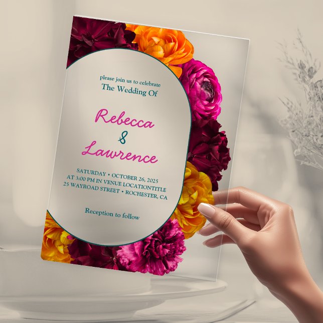 Moderne, schicke, rosa, grüne, gelbe Blumenhochzei Acryleinladungen (Von Creator hochgeladen)