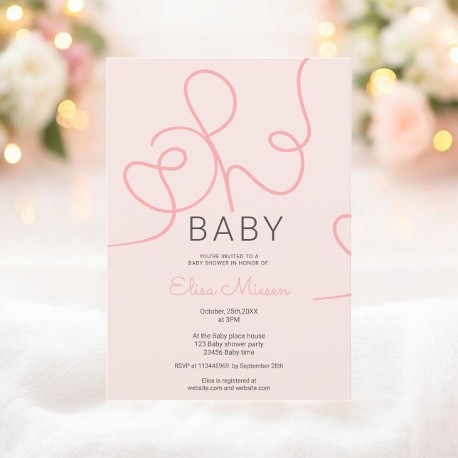Moderne schicke Rosa Kalligraphie Oh Babydusche Einladung (Modern chic blush pink calligraphy Oh baby shower Invitation)