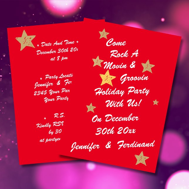 Moderne, schicke Rot-, Weiß- und Goldstars Groovy  Einladung (Modern chic white script on bright red background with gold stars groovy holiday party invitation.)