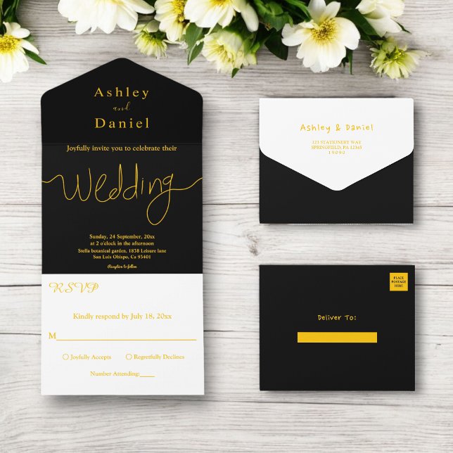 Moderne schicke Schwarz-Gold-Minimal-Hochzeit All In One Einladung (Von Creator hochgeladen)