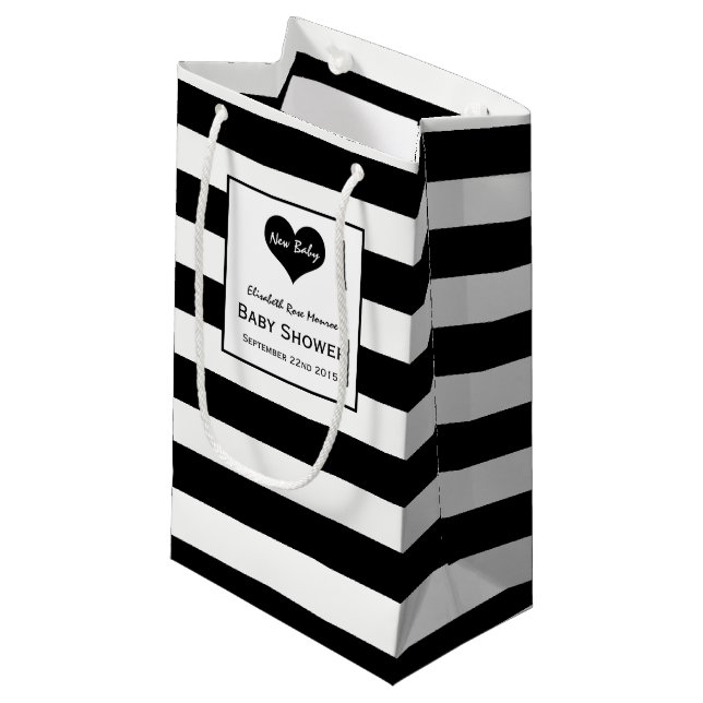 Moderne schicke Schwarz & Weiß Babydusche Kleine Geschenktüte (Vorderseite Schrägansicht)