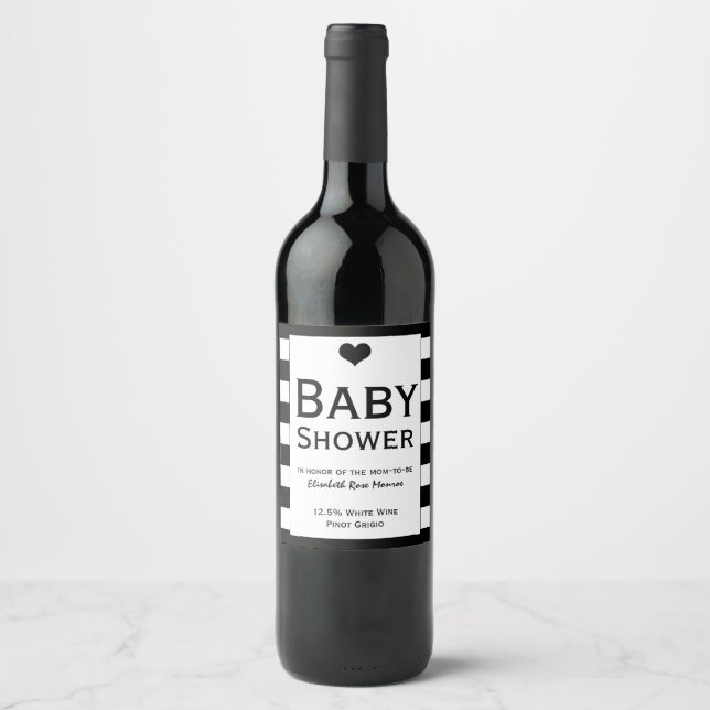 Moderne schicke Schwarz & Weiß Babydusche Weinetikett (Vorderseite)