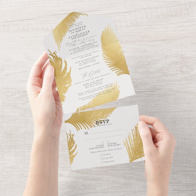 Moderne schicke tropische Goldpalme von der weißen All In One Einladung (Abreißtisch)