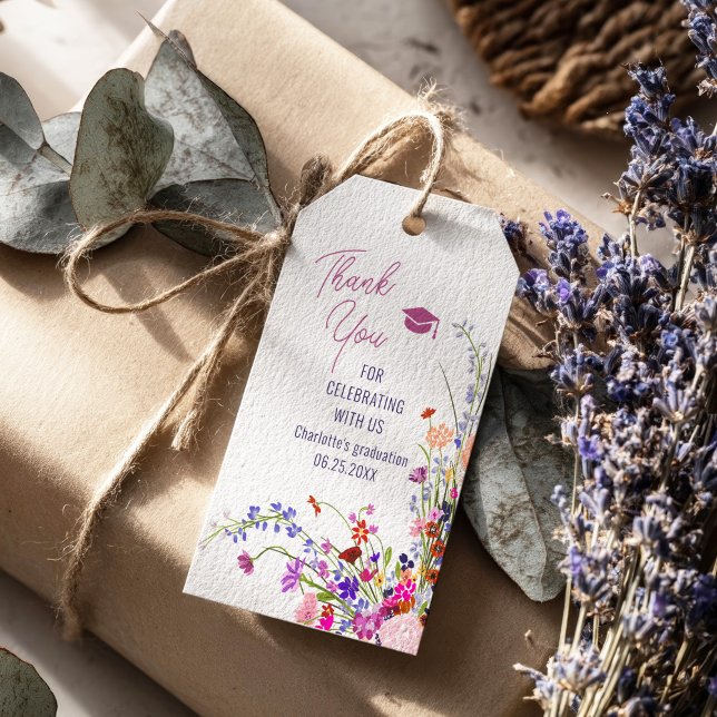 Moderne schicke wilde Blume Abschluss danke Geschenkanhänger (Modern chic wild flowers graduation thank you gift tags)