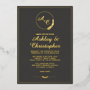 Moderne Schiefergraue Monogramm-Foto-Hochzeit Gold Folieneinladung