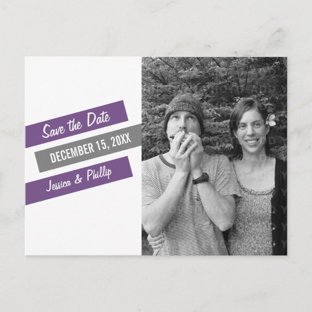 Moderne schlanke Save the Date Postkarte (Lila/gra (Vorderseite)