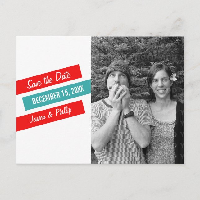 Moderne schlanke Save the Date Postkarte (rot/Aqua (Vorderseite)