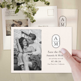 Moderne, schlichte beige Initialen, Fotos Save the Ankündigungspostkarte