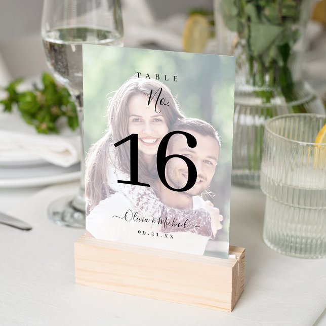 Moderne, schlichte Foto-Hochzeit Tischnummer (Modern simple elegant script photo wedding table number)
