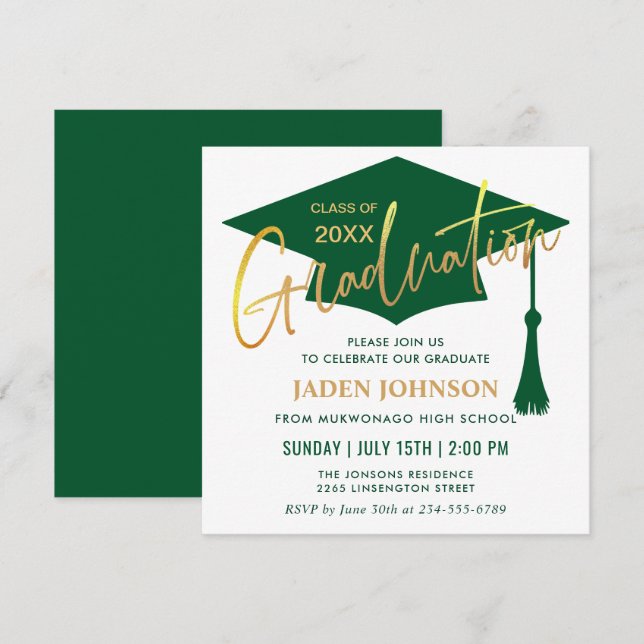 Moderne schlichte Golden Green Graduation Party Einladung (Vorne/Hinten)