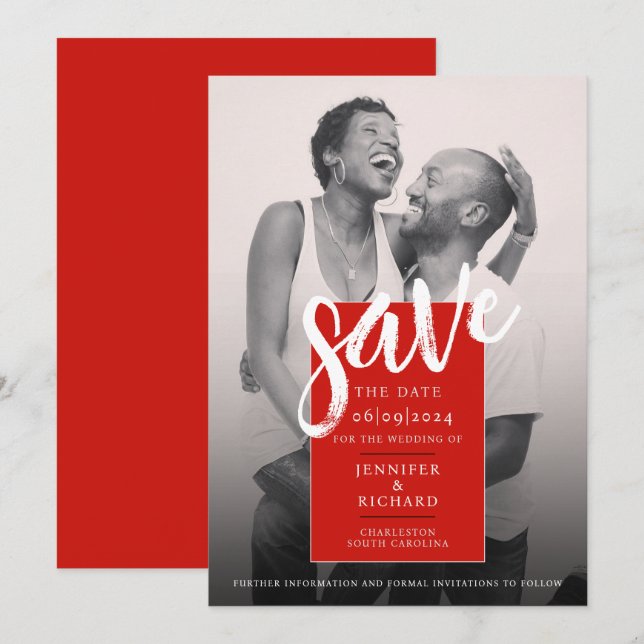 Moderne, schlichte Hochzeit in Rot und Weiß des Fo Save The Date (Vorne/Hinten)