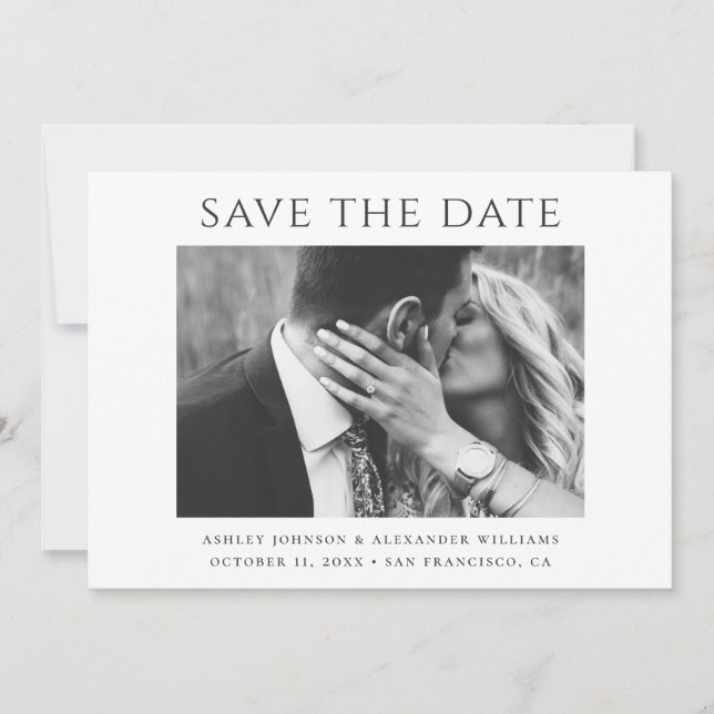 Moderne, schlichte Hochzeit in Schwarz-Weiß Save The Date (Vorderseite)