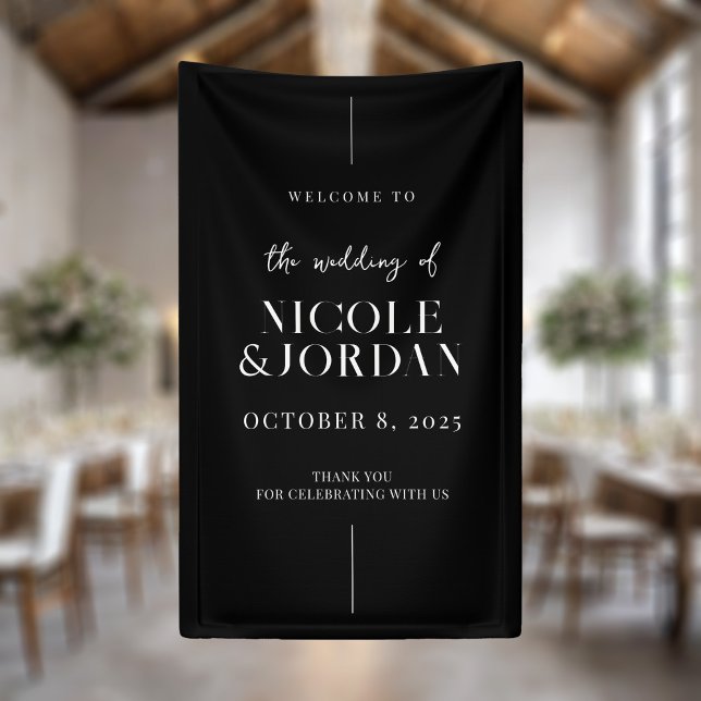 Moderne, schlichte Schwarz-Weiß-Hochzeit Willkomme Banner (Von Creator hochgeladen)