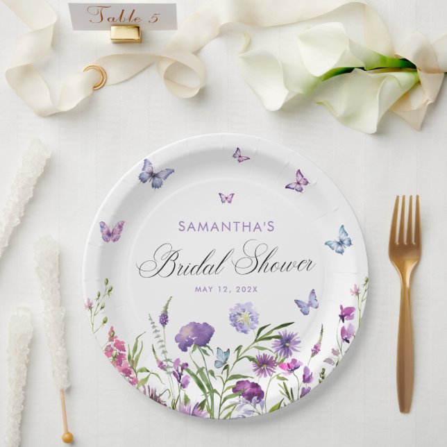 Moderne Schmetterlinge florales Lila Brautparty Pappteller (Hochzeit)