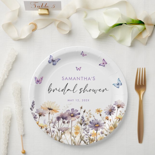 Moderne Schmetterlinge florales Lila Brautparty Pappteller (Hochzeit)