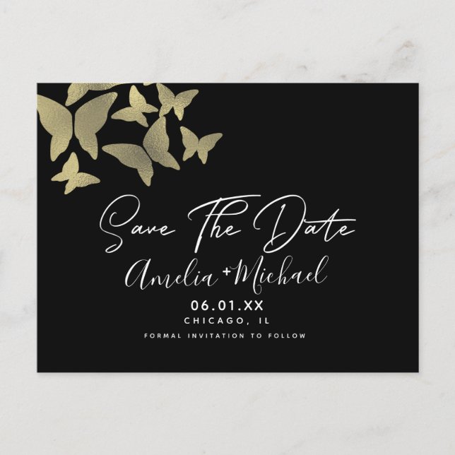 Moderne Schmetterlinge Imitate Gold Save the Date Postkarte (Vorderseite)