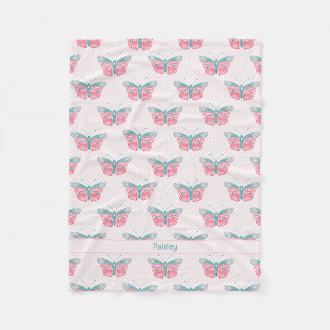 Moderne Schmetterlinge - rosa aquamarin - mit Name Fleecedecke (Vorderseite)