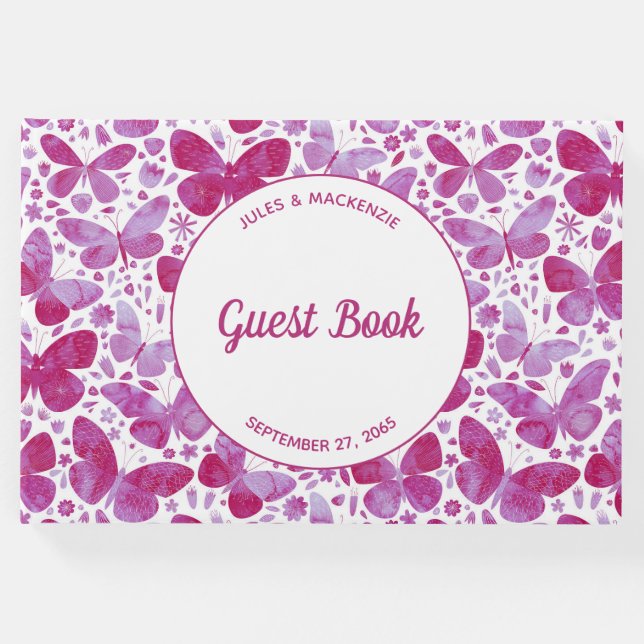 Moderne Schmetterlinge Wasserfarbe Magenta Rosa Gästebuch (Vorderseite)
