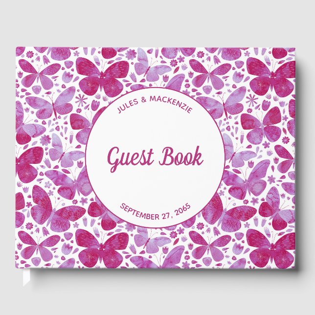 Moderne Schmetterlinge Wasserfarbe Magenta Rosa Gästebuch (Vorderseite)