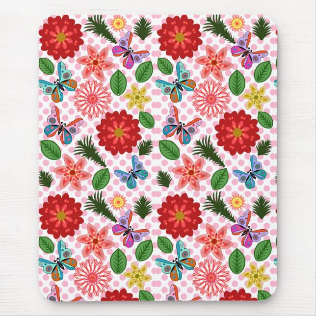 Moderne Schmetterlings-Blumen im Frühlingsgarten  Mousepad (Vorne)