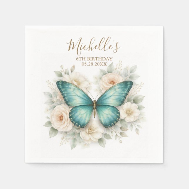 Moderne Schmetterlings- und Wildblumen-Geburtstags Serviette (Vorderseite)