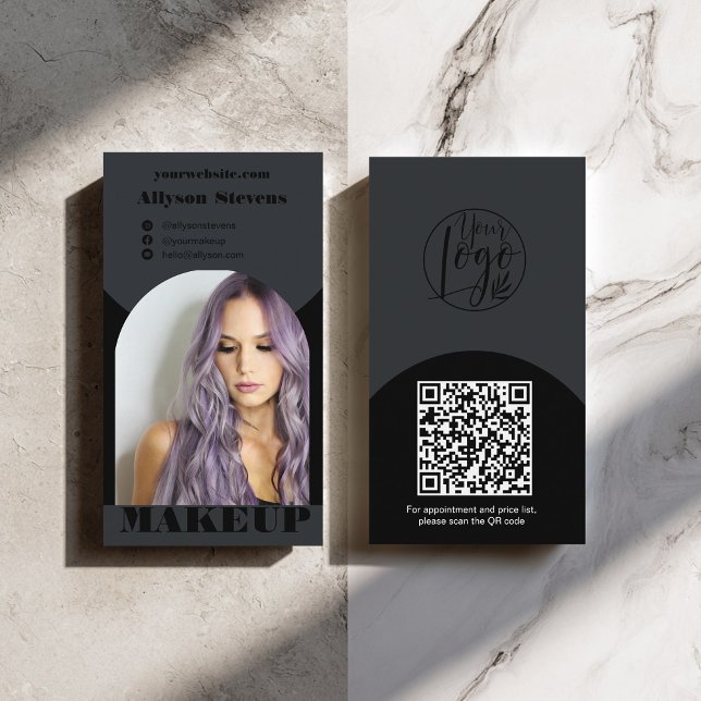 Moderne Schmink-Makeup-Schwarzes-Foto-QR-Code-Logo Visitenkarte (Modern arch makeup black photo qr code logo business card)