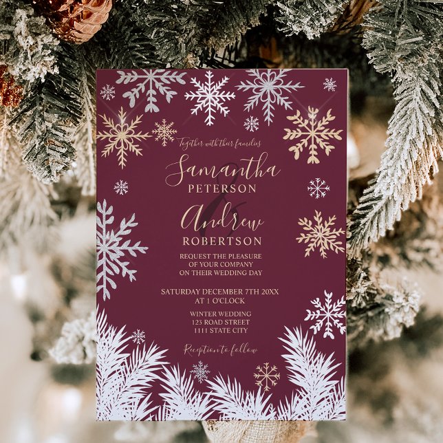 Moderne Schneeflocke im Winter Weihnachts-Hochzeit Einladung (Modern snowflake pine winter Christmas wedding red Invitation)