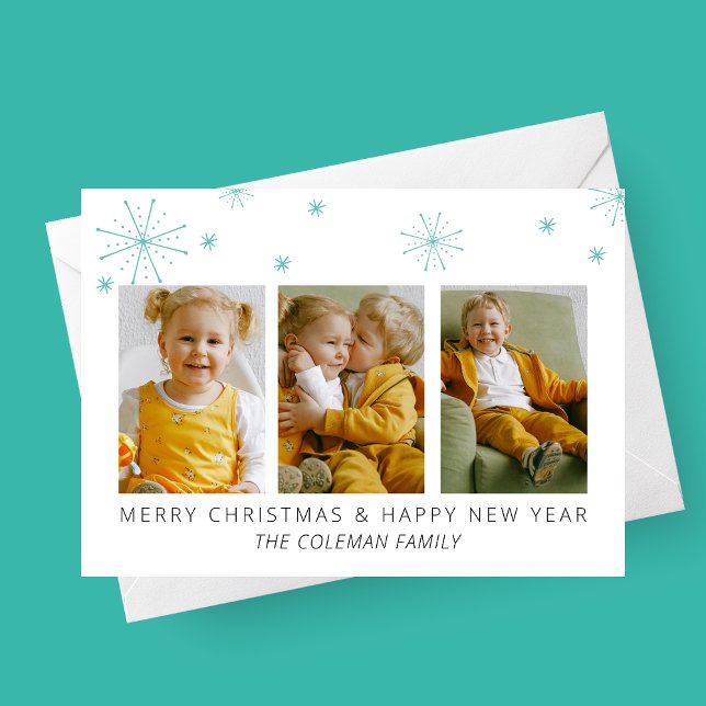 Moderne Schneeflocken 3 Foto Weihnachtskarte Feiertagskarte (Stylish Modern Snowflakes 3 Photo Family Christmas Card | Holiday Photo Card)
