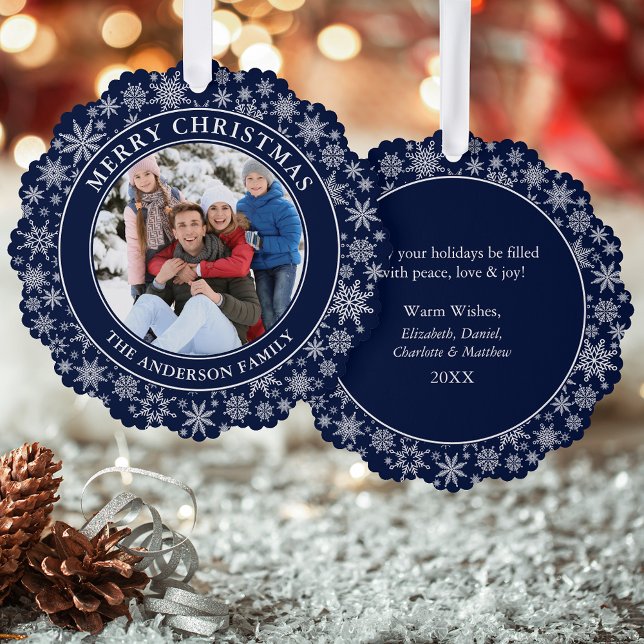 Moderne Schneeflocken Blau Frohe Weihnachten Foto Ornament Karte (A greeting card that is also an ornament! Customize with your photo and personalized text.)