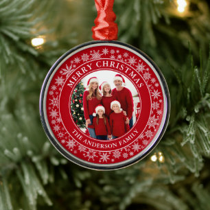 Moderne Schneeflocken Foto Frohe Weihnachten Rot Ornament Aus Metall
