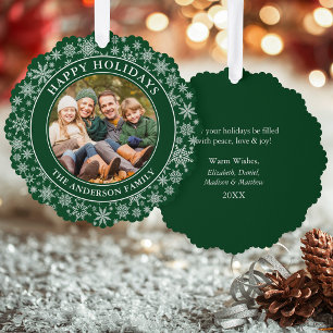 Moderne Schneeflocken Foto Happy Holidays Green Ornament Karte