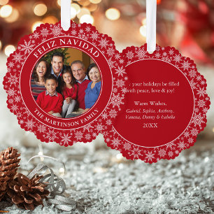Moderne Schneeflocken Rotes Feliz Navidad Foto Ornament Karte