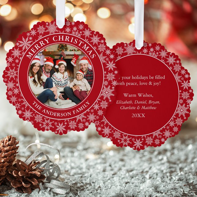 Moderne Schneeflocken Rotes Frohe Weihnachts-Foto Ornament Karte (A greeting card that is also an ornament! Customize with your photo and personalized text.)