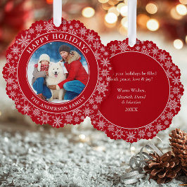 Moderne Schneeflocken Rotes Happy Holidays Foto Ornament Karte