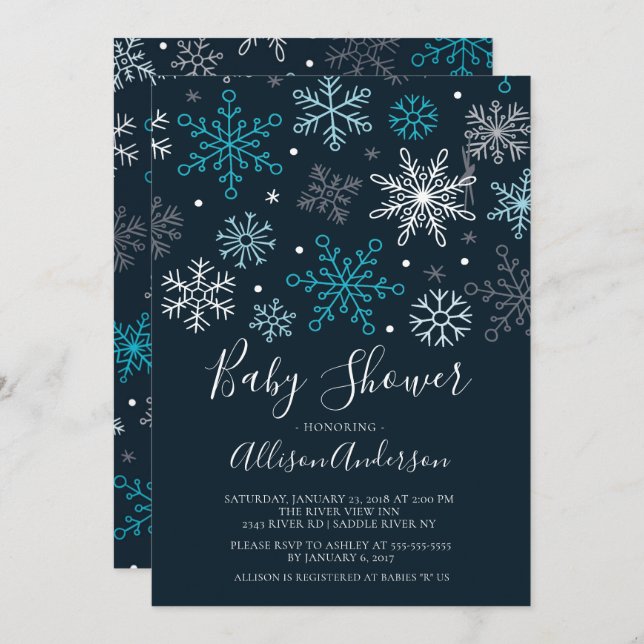 Moderne Schneeflocken Winterdusche Einladung (Vorne/Hinten)