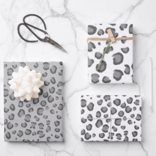 Moderne Schneeleopard Schwarz-weiße Tierdrucke Geschenkpapier Set