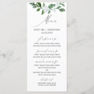 Moderne Schönheitsgrün Weiße Blumenhochzeit Menükarte
