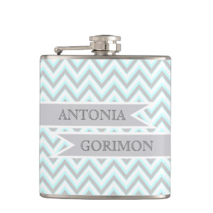 Moderne schräge graue, aqua Hochzeit personalisier Flachmann