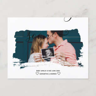 Moderne Schreibpinsel-Typografie Foto Schwangersch Ankündigungspostkarte